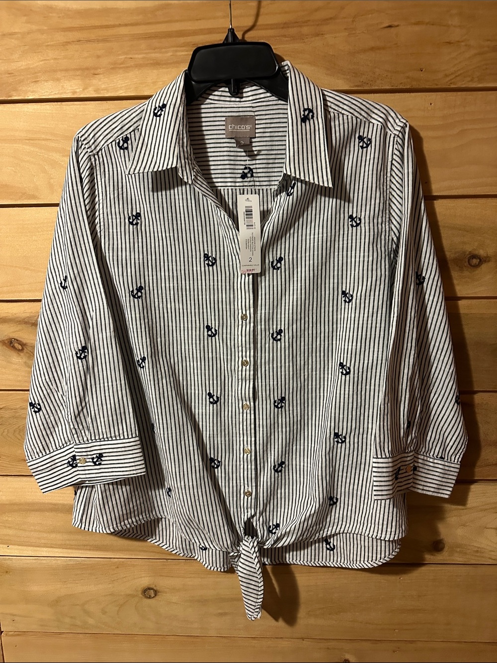 NWT Chicos Blue White Striped Cotton Tie Front Shirt Embroidered Anchors Size 2